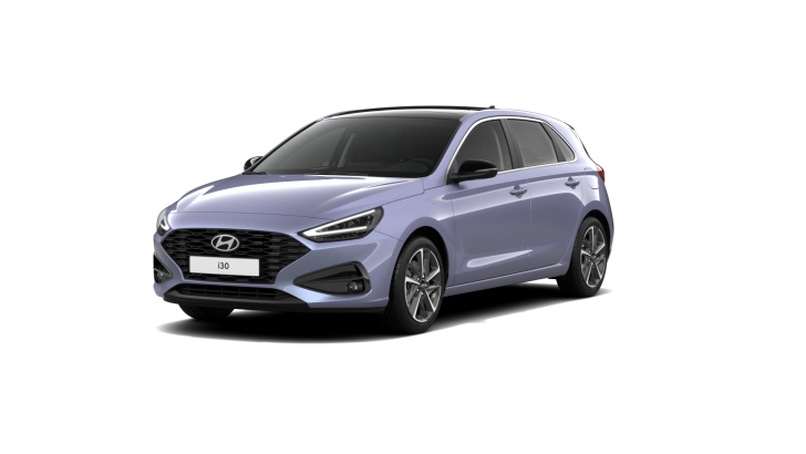 A purple hyundai i30 hatchback is shown on a white background.