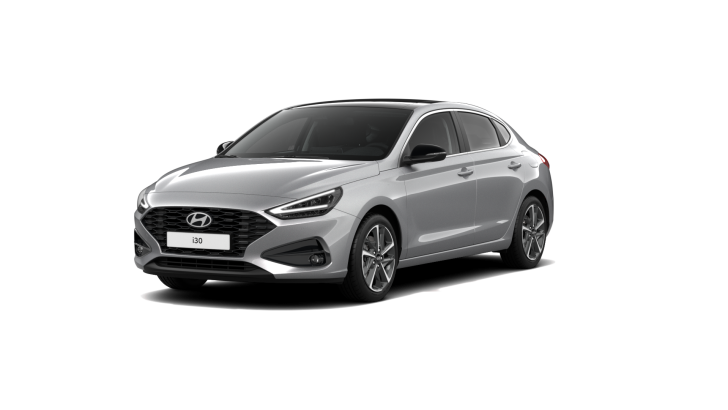 A silver hyundai i30 hatchback is shown on a white background.