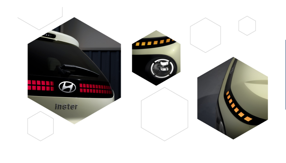 A collage of images of a car with a hexagon in the middle. Inster