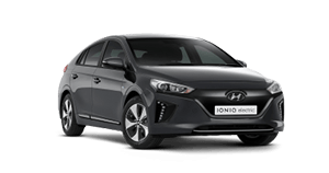 A black hyundai ioniq electric car is shown on a white background.
