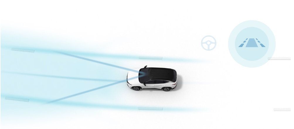 A car is driving down a road with a steering wheel. Staria