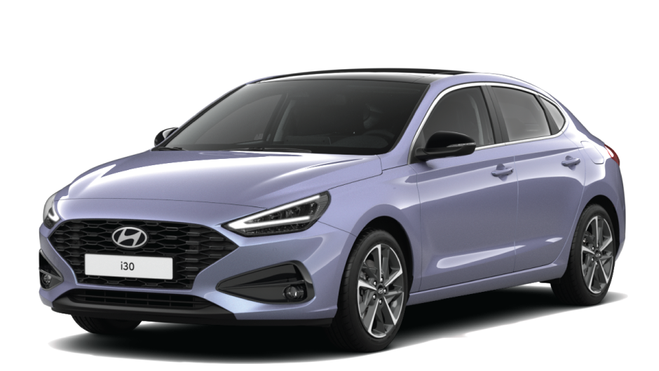 A purple hyundai i30 hatchback is shown on a white background.