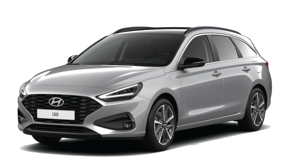 A silver hyundai i30 station wagon is shown on a white background.