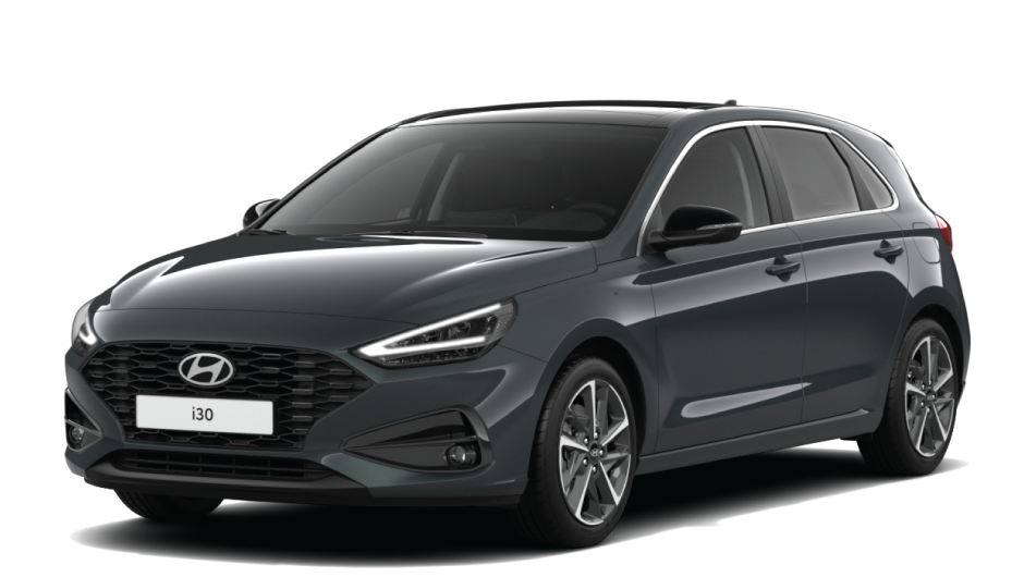 A gray hyundai i30 hatchback is shown on a white background.
