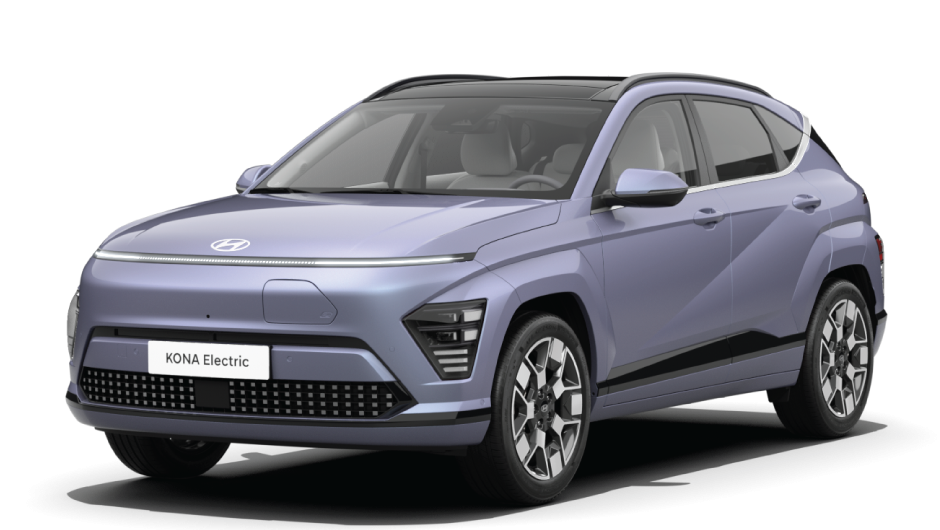 A blue electric car is sitting on a white surface. Kona electric