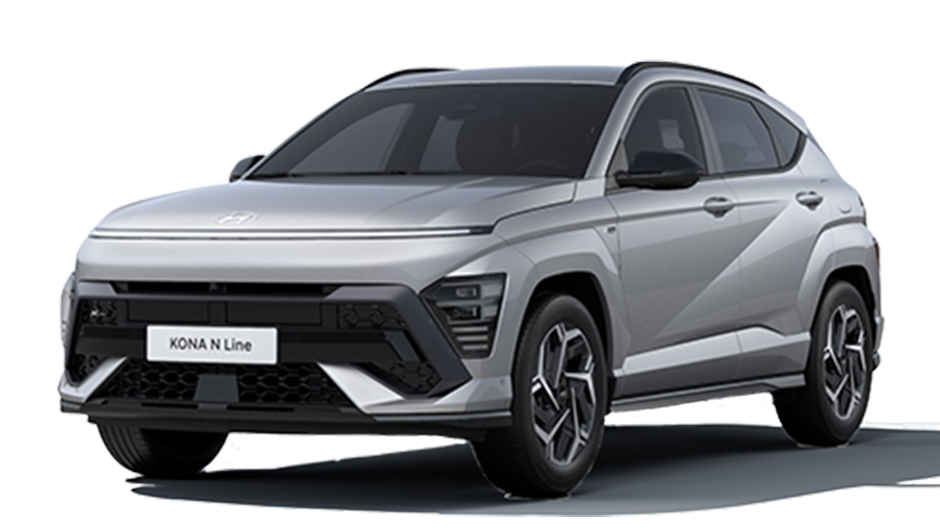 A silver hyundai kona is shown on a white background.
