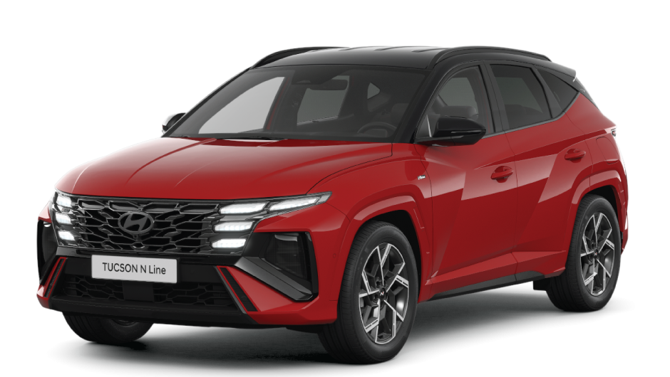 A red hyundai tucson is shown on a white background.
