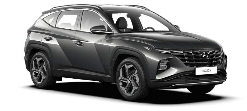 A black hyundai tucson is shown on a white background.