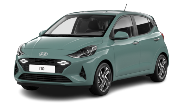 A green hyundai i10 is shown on a white background.