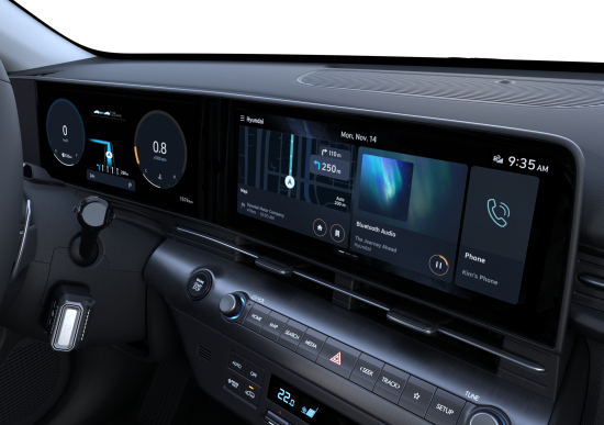 The dashboard of a car with a touchscreen display Kona