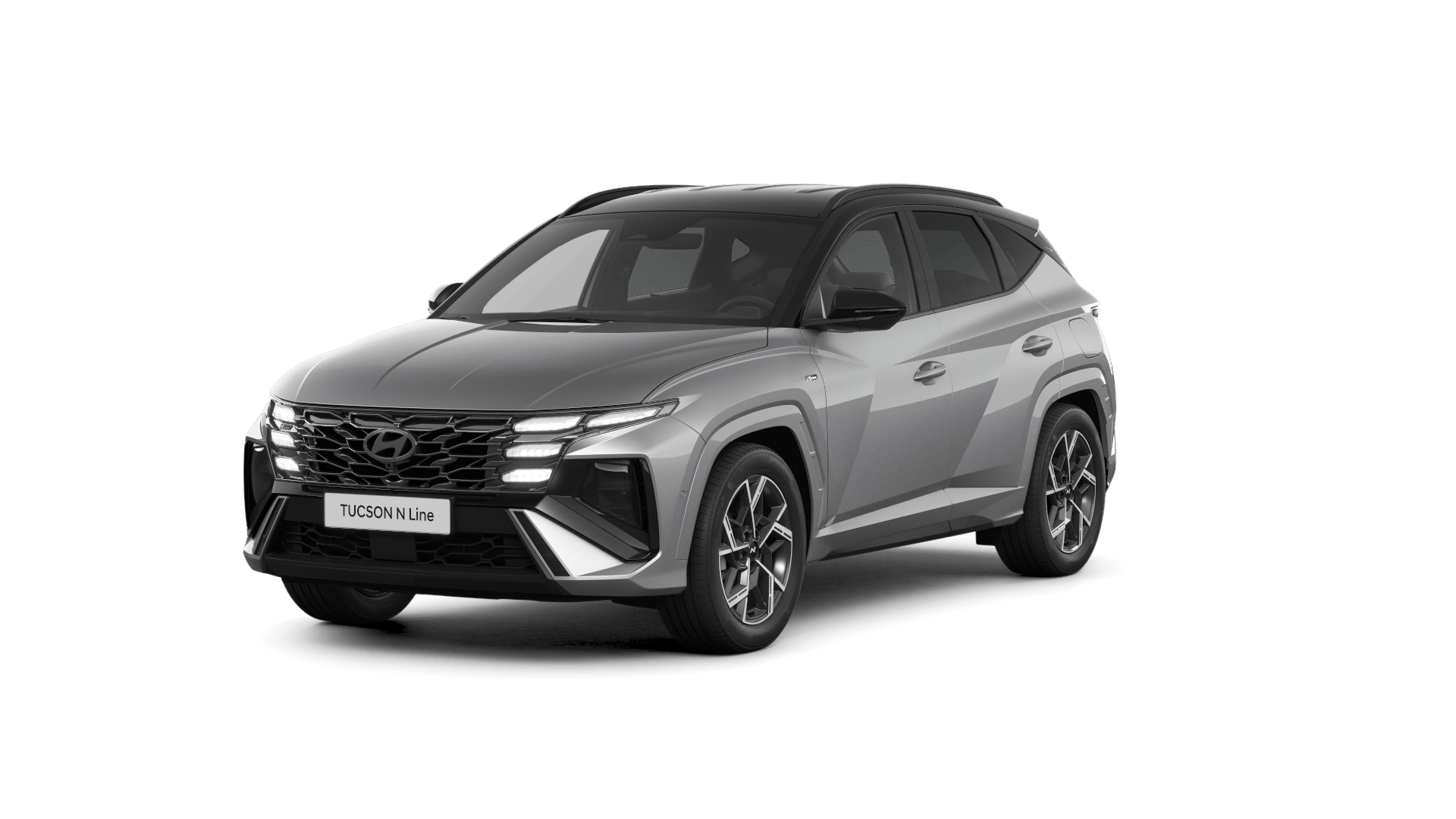 A silver hyundai tucson is shown on a white background.