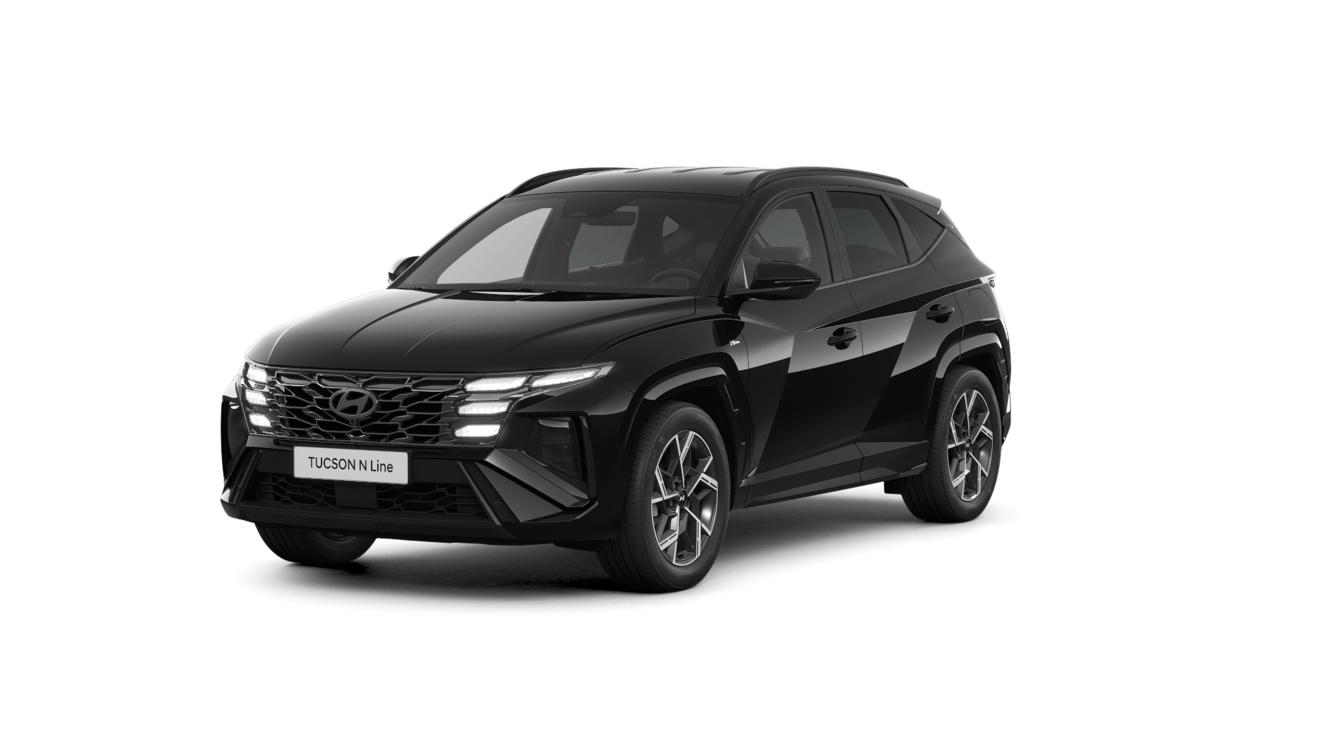 A black hyundai tucson is shown on a white background.