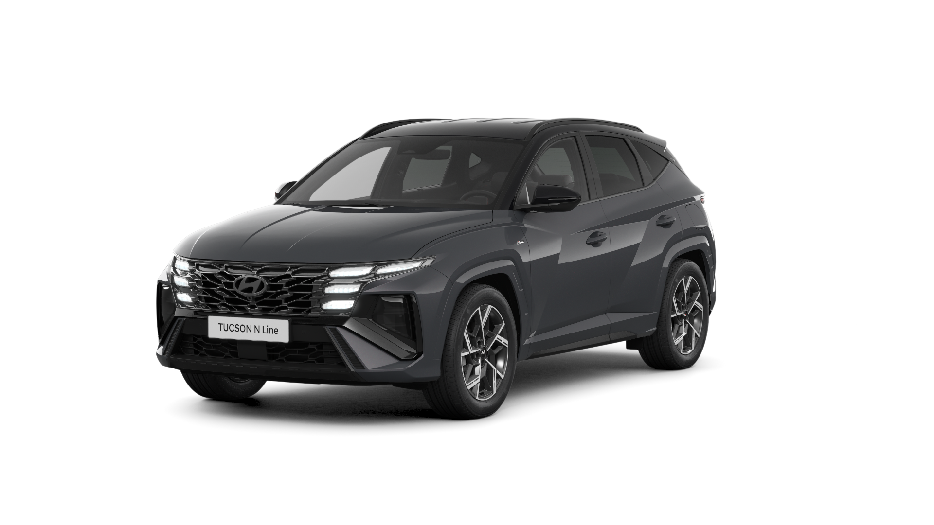 A black hyundai tucson is shown on a white background.