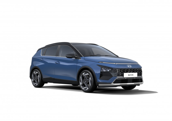 A blue hyundai bayon hatchback is shown on a white background.