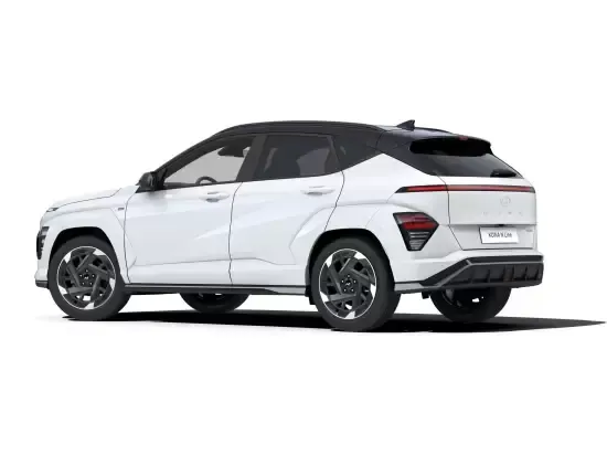A white car is parked on a white background. Kona N Line Electric