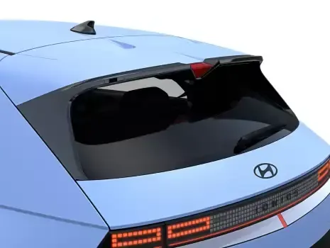 The rear end of a blue hyundai hatchback Ioniq 5 N