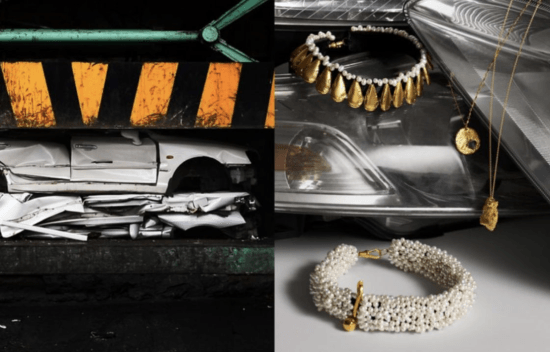 A black and white photo of a car a necklace and a bracelet