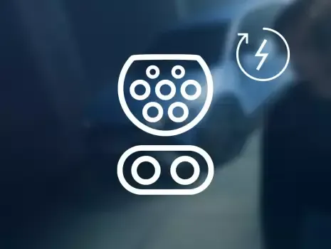 A white icon of a charging port on a blue background.