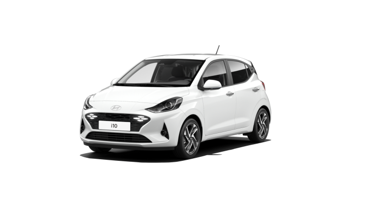 A white hyundai i10 hatchback is shown on a white background.
