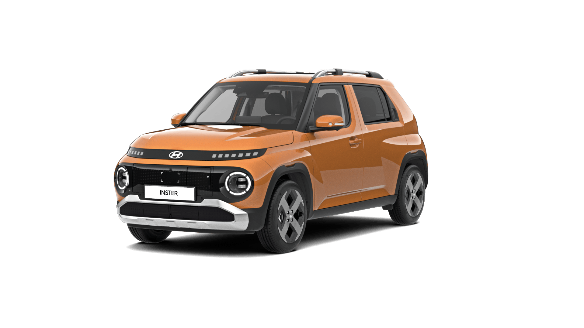 A small orange car is on a white background. Inster
