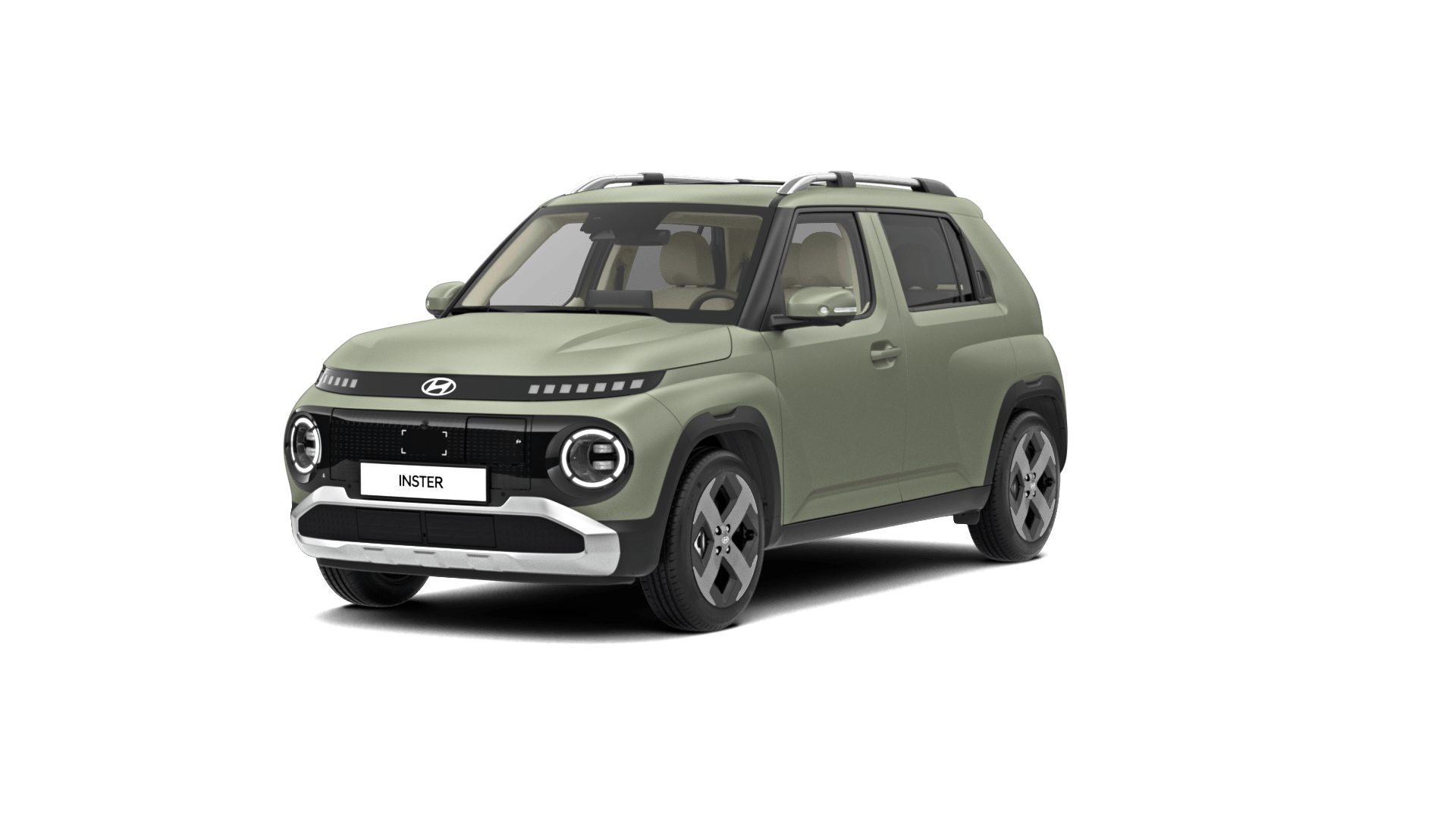 A green car is shown on a white background. Inster