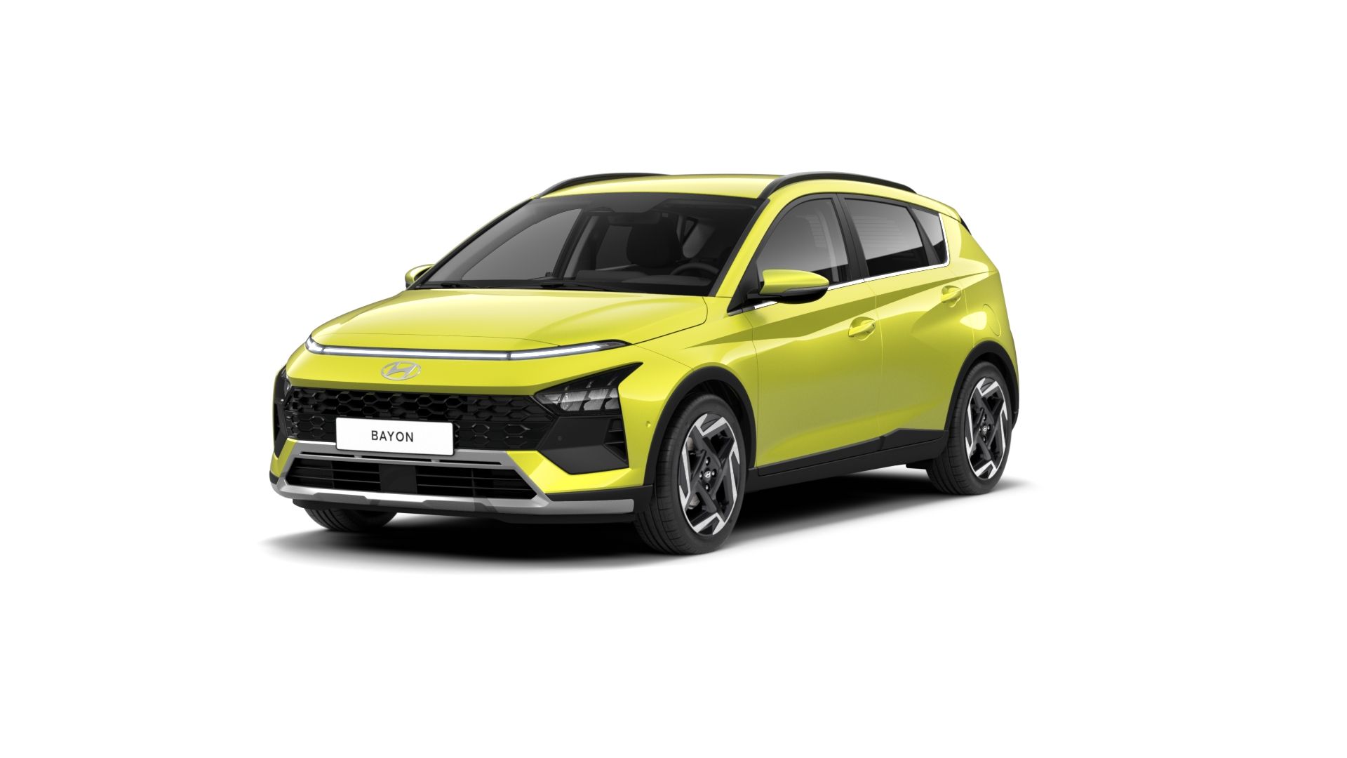 A yellow hyundai bayon is shown on a white background.