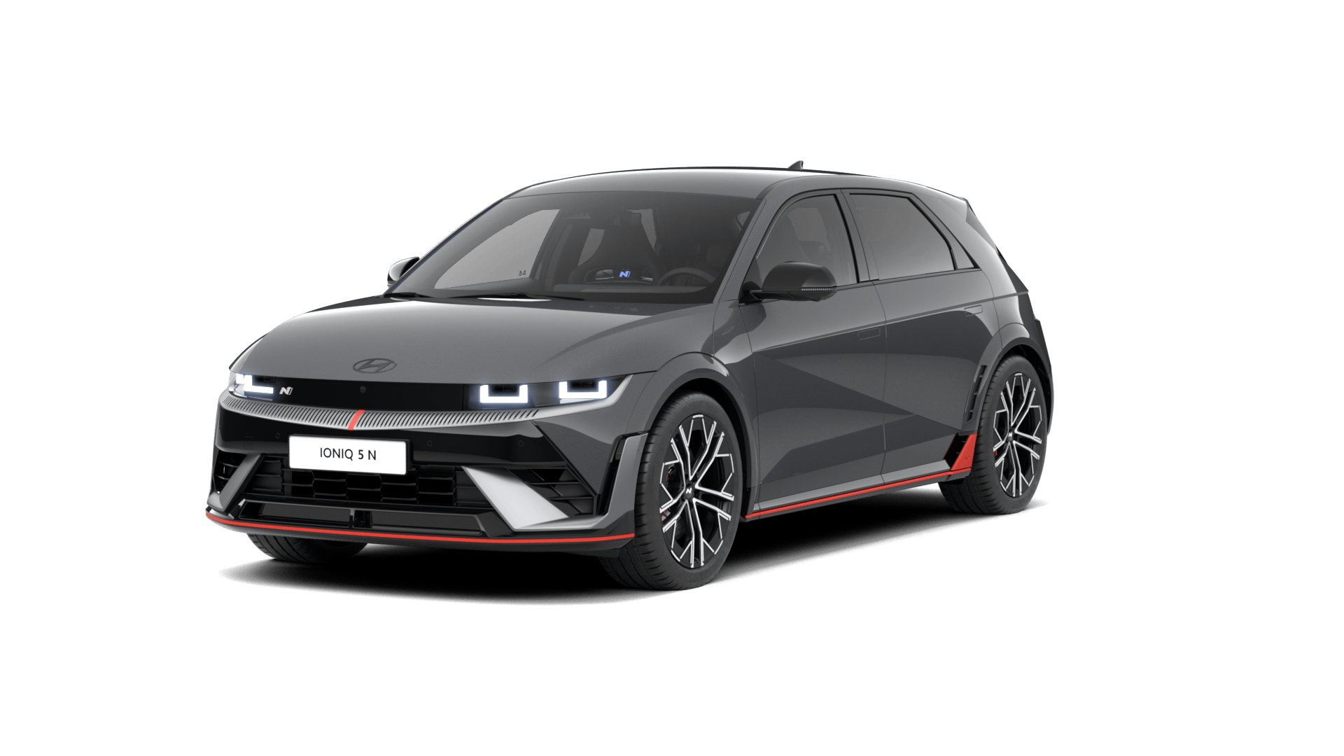A gray car with a red stripe on the side is on a white background. Ioniq 5 N