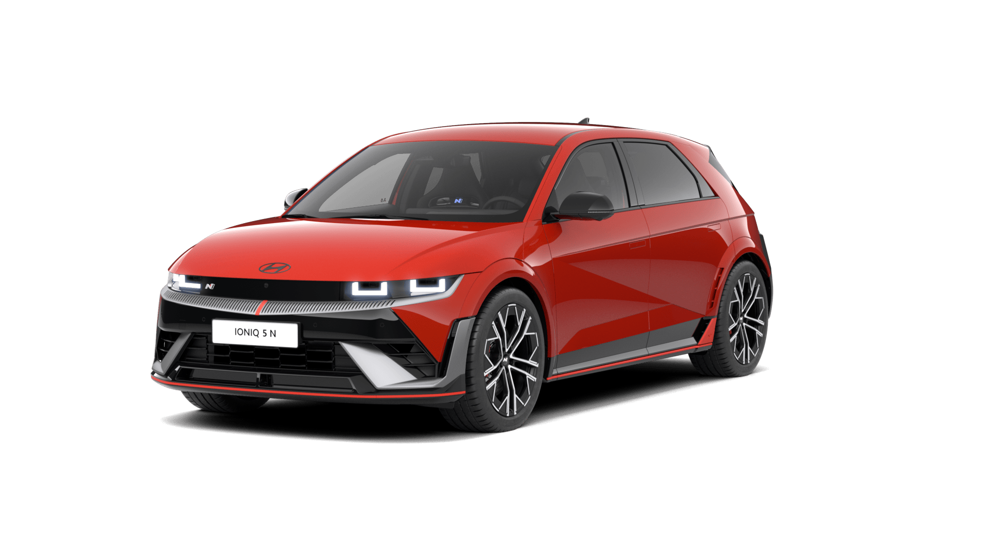 A red car is on a white background. Ioniq 5 N