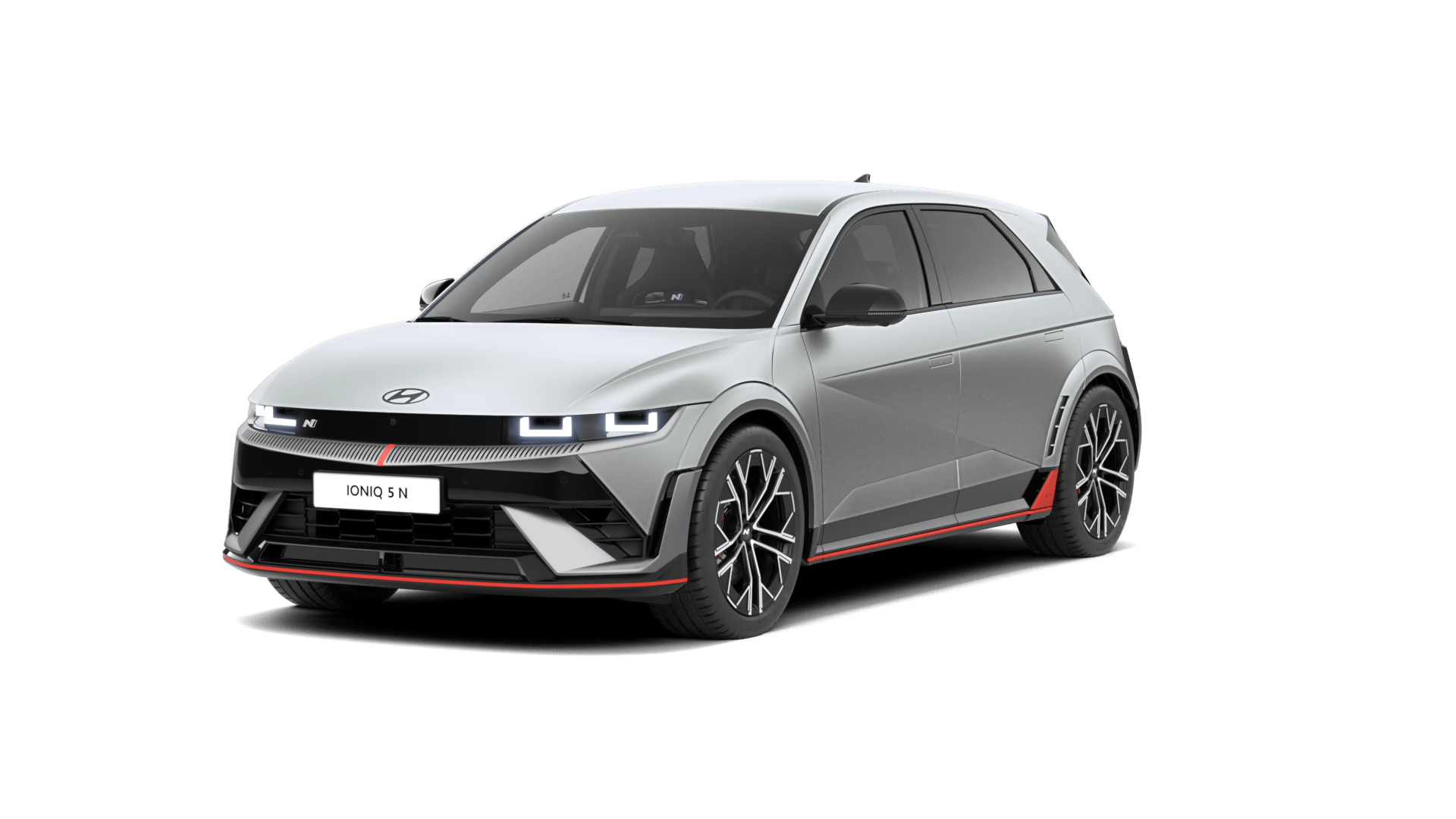 A silver car with a red stripe on the side is on a white background. Ioniq 5 N