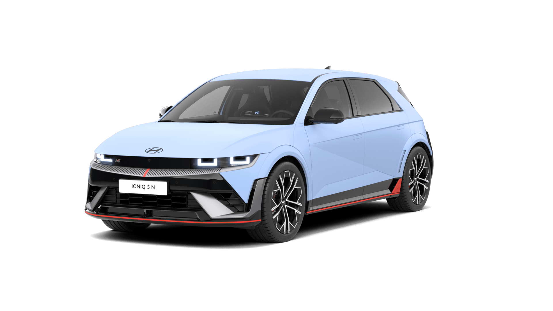 A blue car with a red stripe on the side is on a white background. Ioniq 5 N