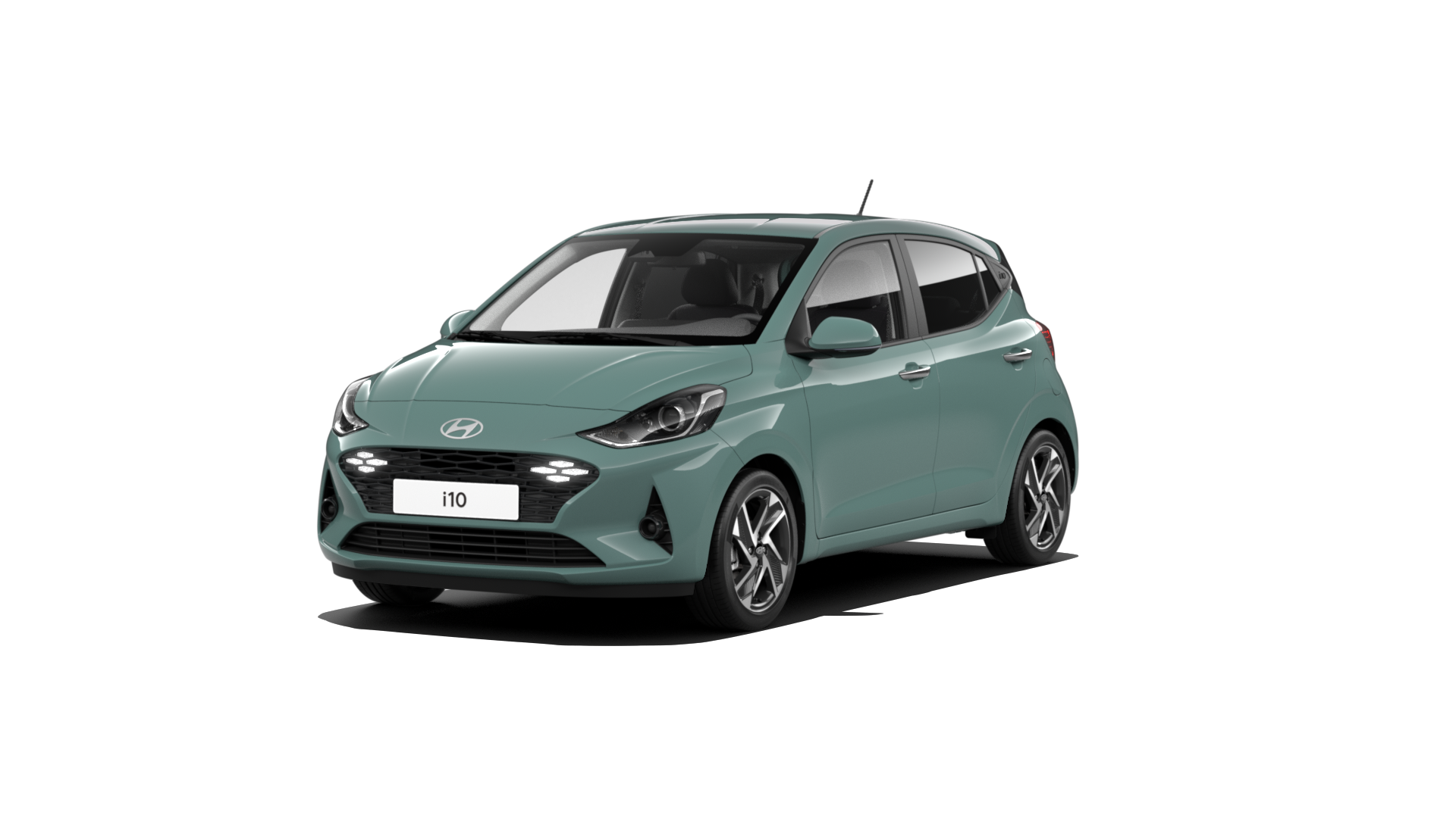 A green hyundai i10 hatchback is shown on a white background.