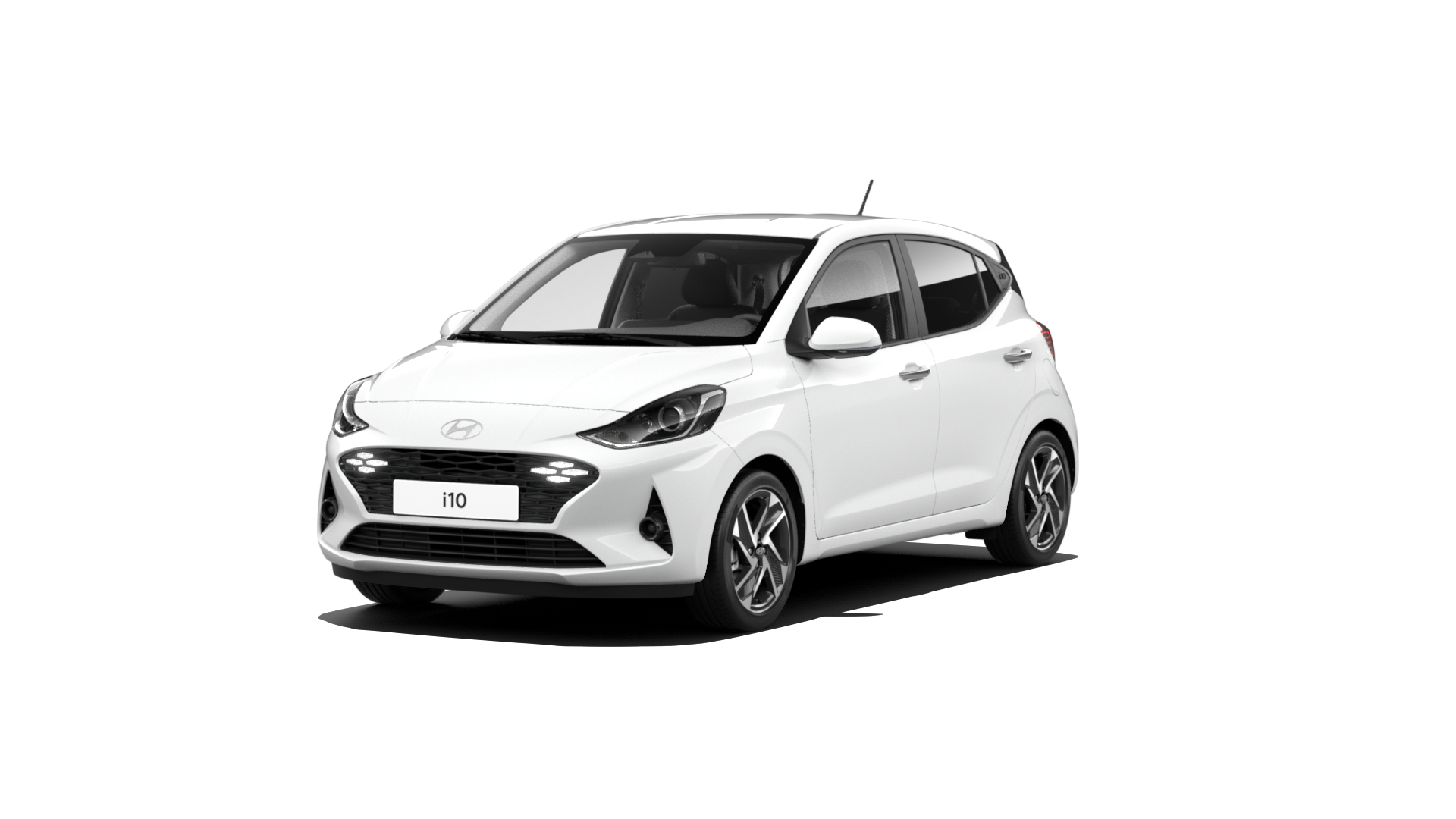 A white hyundai i10 hatchback is shown on a white background. 
