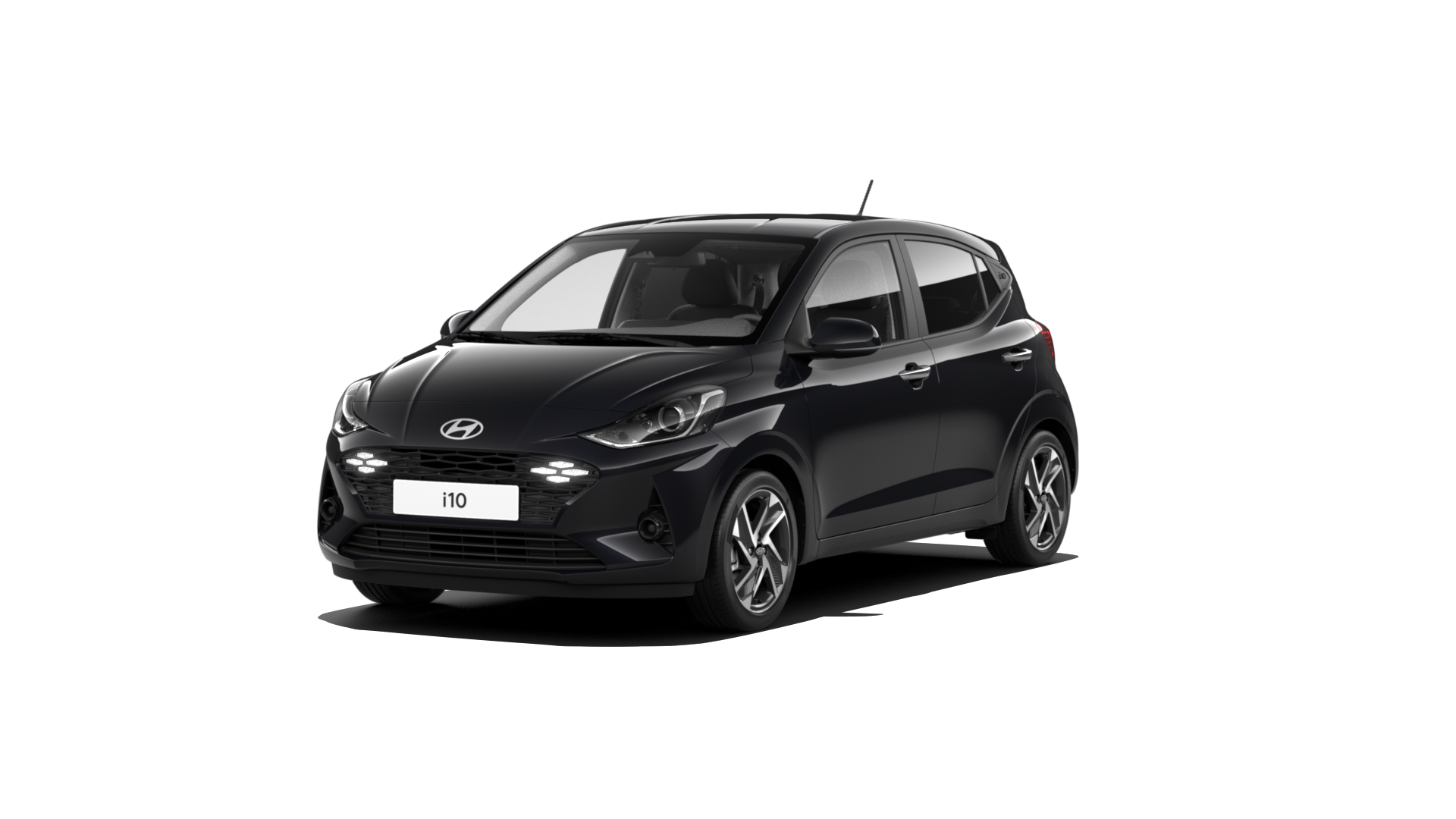 A black hyundai i10 hatchback is shown on a white background.