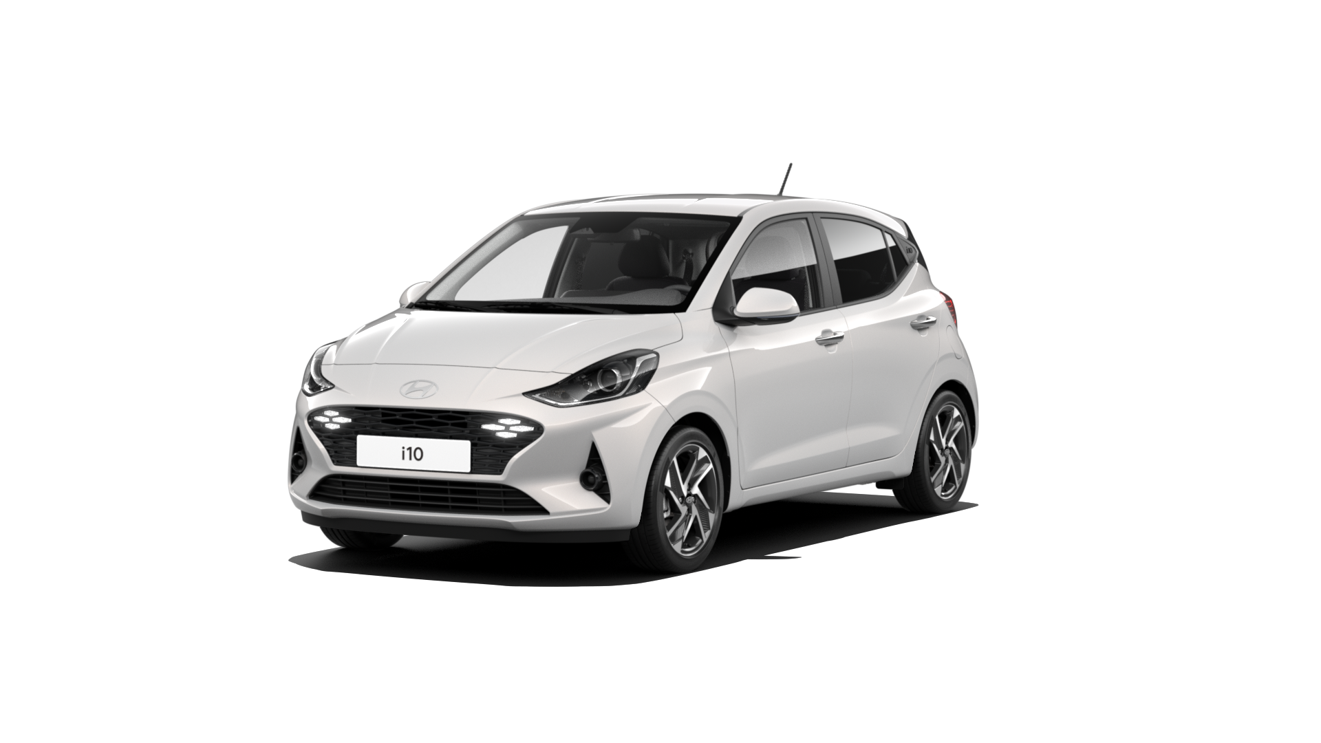 A white hyundai i10 hatchback is shown on a white background.