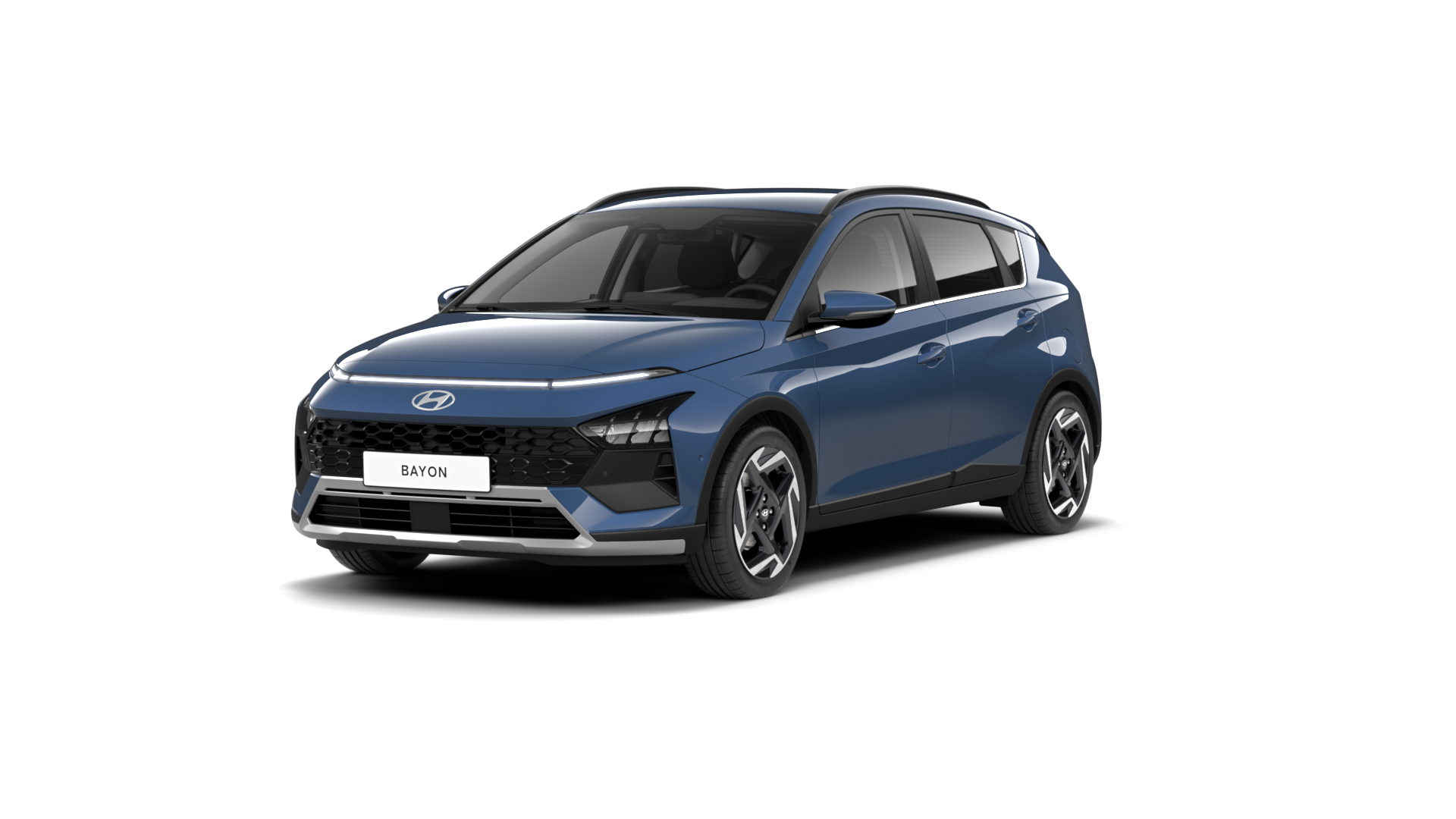A blue hyundai bayon is shown on a white background.