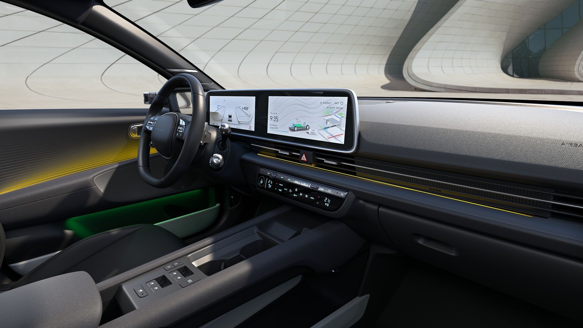 The interior of a car with a steering wheel and dashboard. Ioniq 6