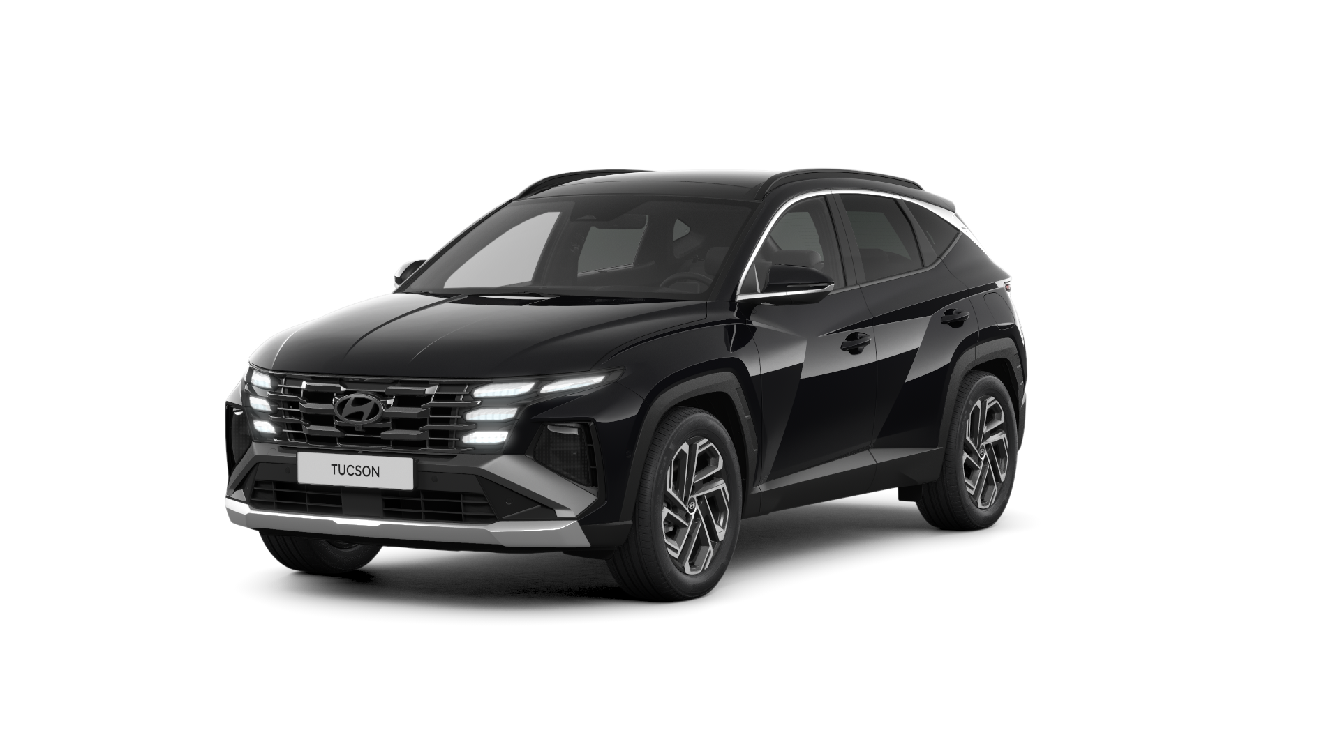 A black hyundai tucson is shown on a white background.