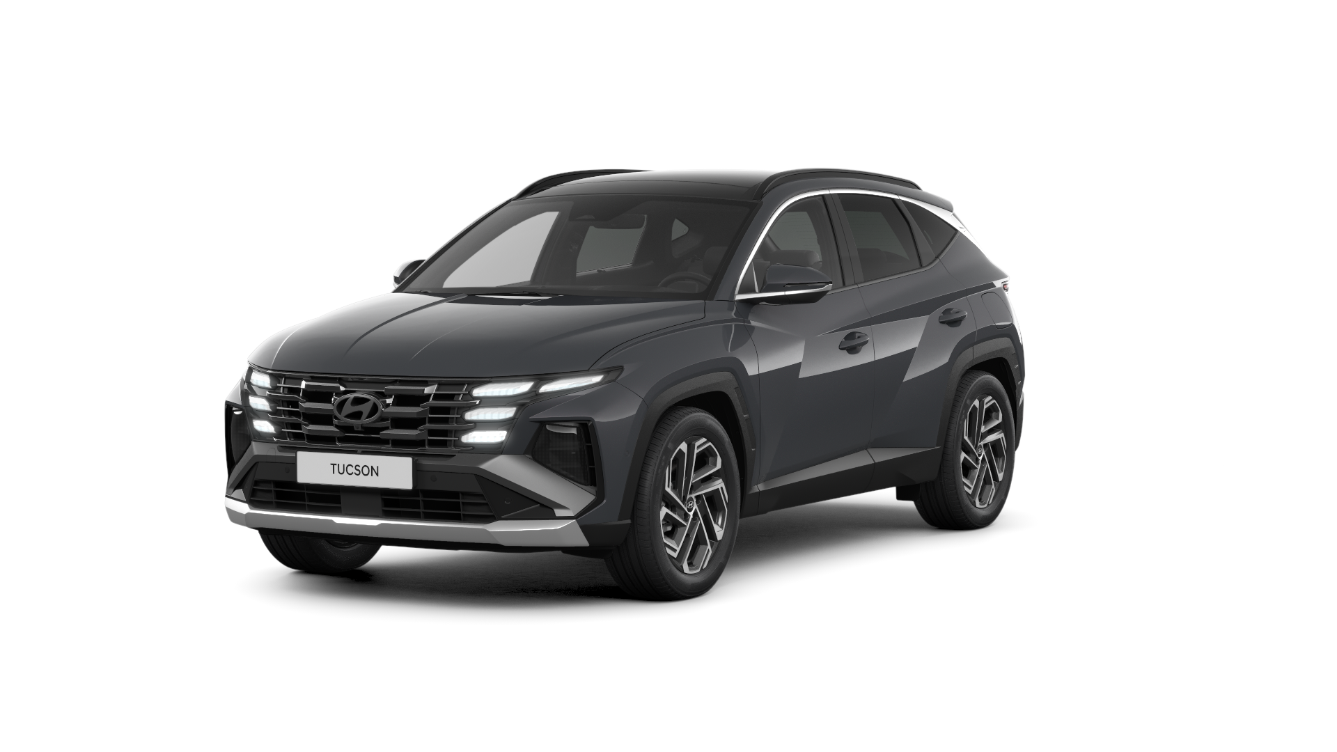 A gray hyundai tucson is shown on a white background.