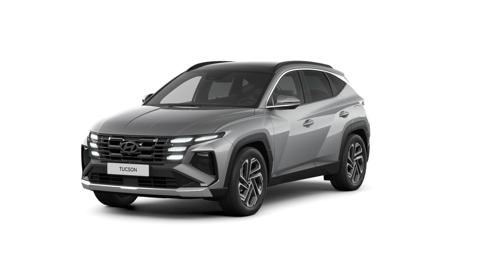 A silver hyundai tucson is shown on a white background.
