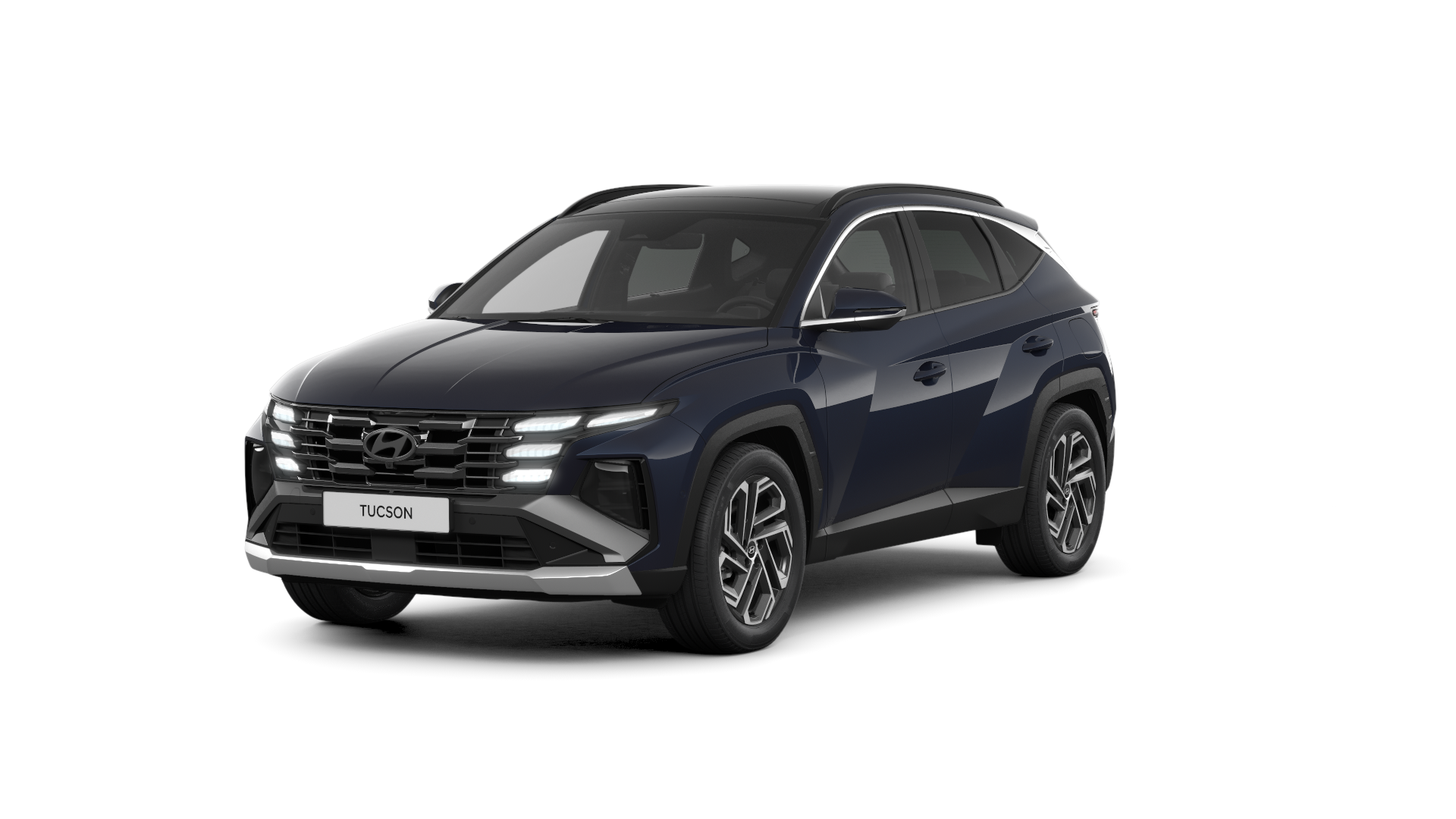 A blue hyundai tucson is shown on a white background.