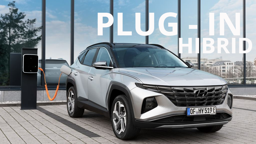 A hybrid car is being charged at a charging station.