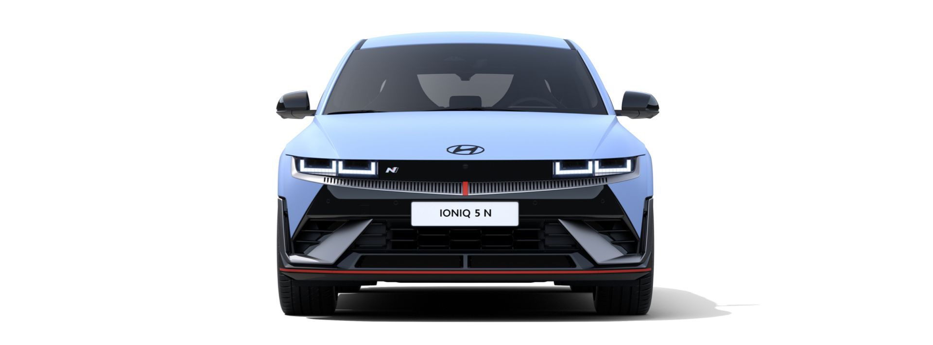 The front of a blue car is shown on a white background. Ioniq 5 N