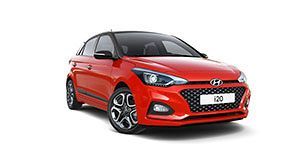 A red hyundai i20 hatchback is shown on a white background.