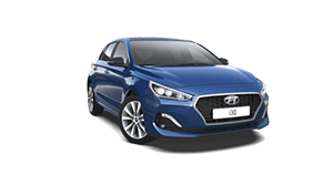 A blue hyundai i30 hatchback is shown on a white background.