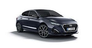 A blue hyundai i30 hatchback is shown on a white background.