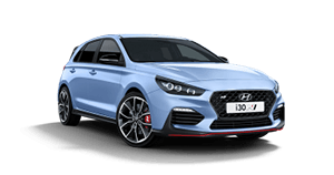 A blue hyundai i30 n is shown on a white background.