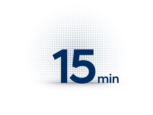 A blue 15 min sign on a white background. Ioniq 6