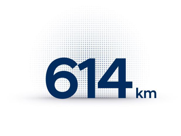 The number 614 km is shown on a white background. Ioniq 6