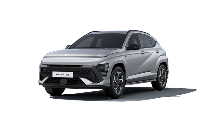 A silver hyundai kona is shown on a white background.