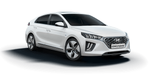 A white hyundai ioniq is shown on a white background.